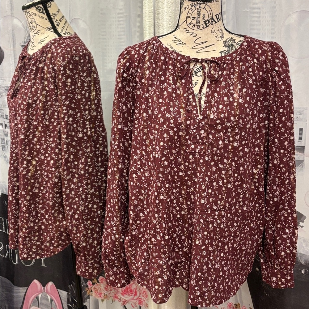 LOFT Burgundy Floral Boho Top